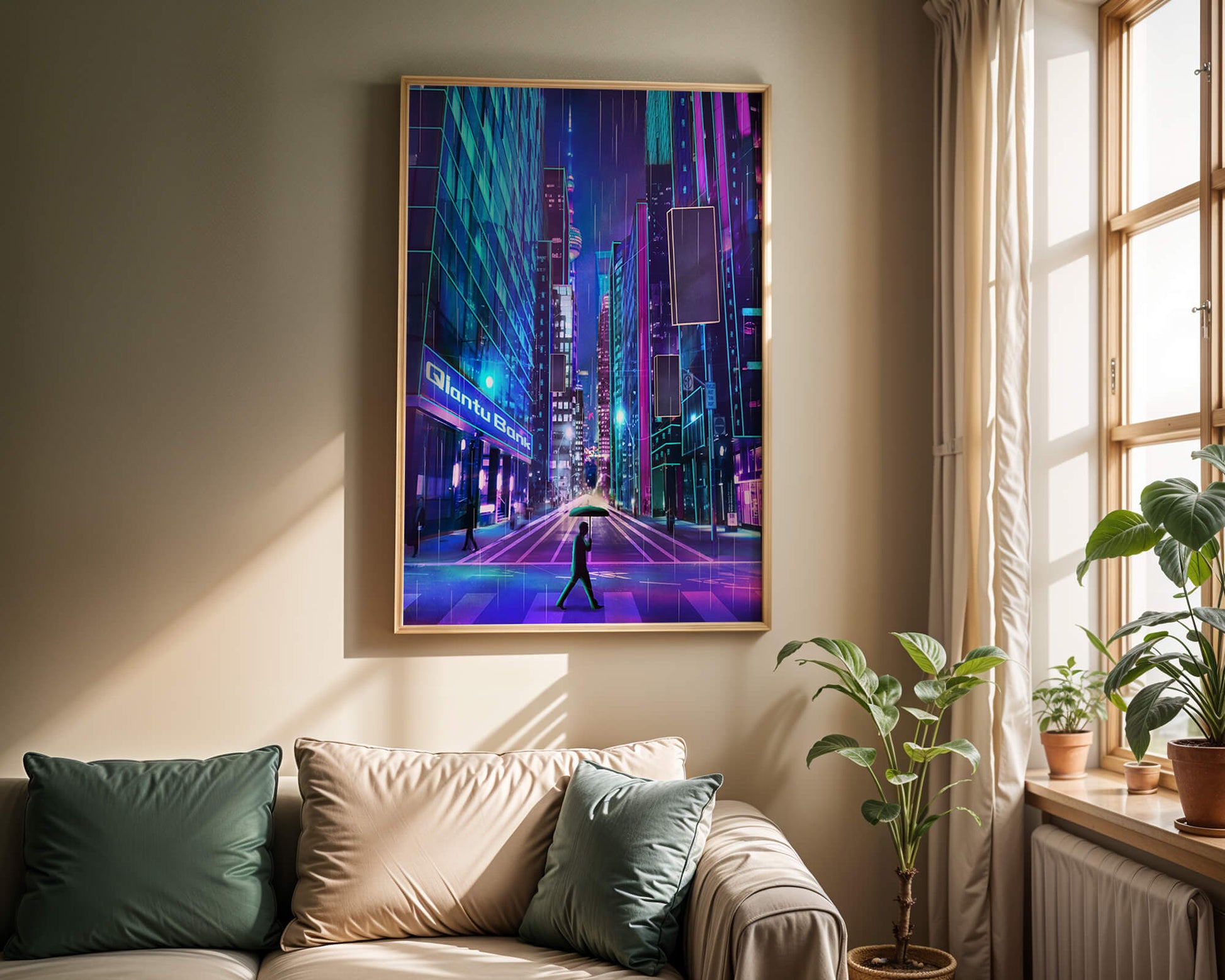 Futuristic urban street scene with neon lights and rainy atmosphere