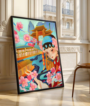 Traditional Asian art with cherry blossoms and architecture