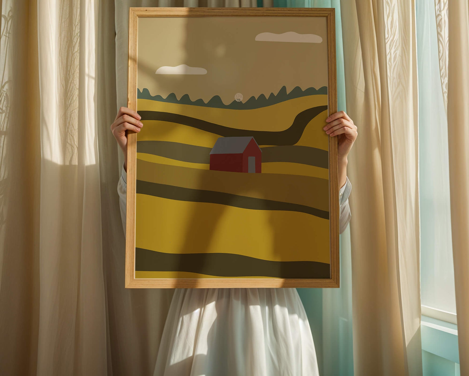 Paisaje con granero rojo entre colinas onduladas bajo un cielo azul