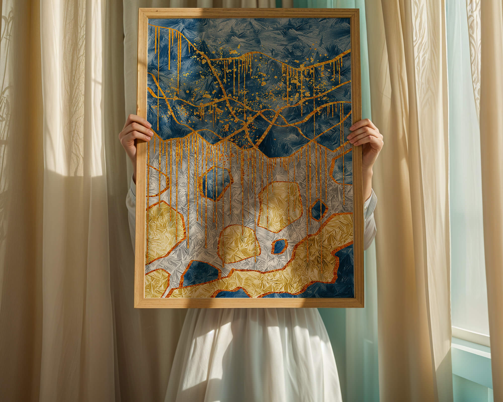 Abstract gold and blue textured art with dynamic splashes of color