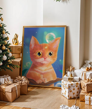 Adorable orange kitten illustration with bubbles and a colorful background