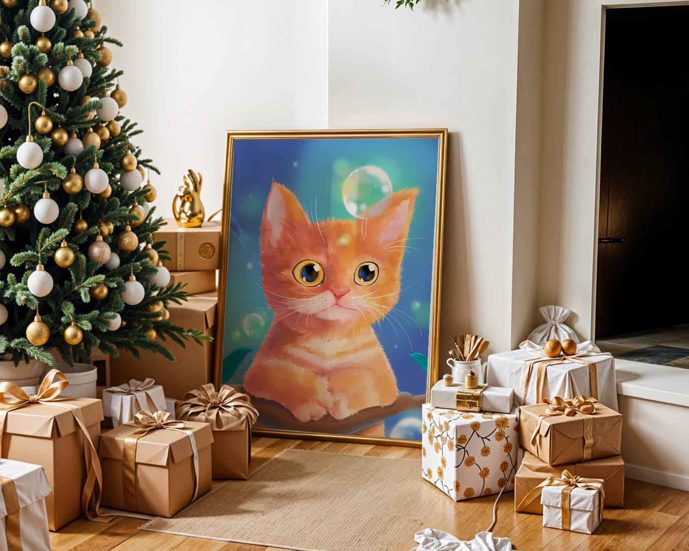 Adorable orange kitten illustration with bubbles and a colorful background