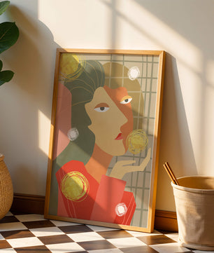 Abstract portrait artwork with geometric forms and gold accents