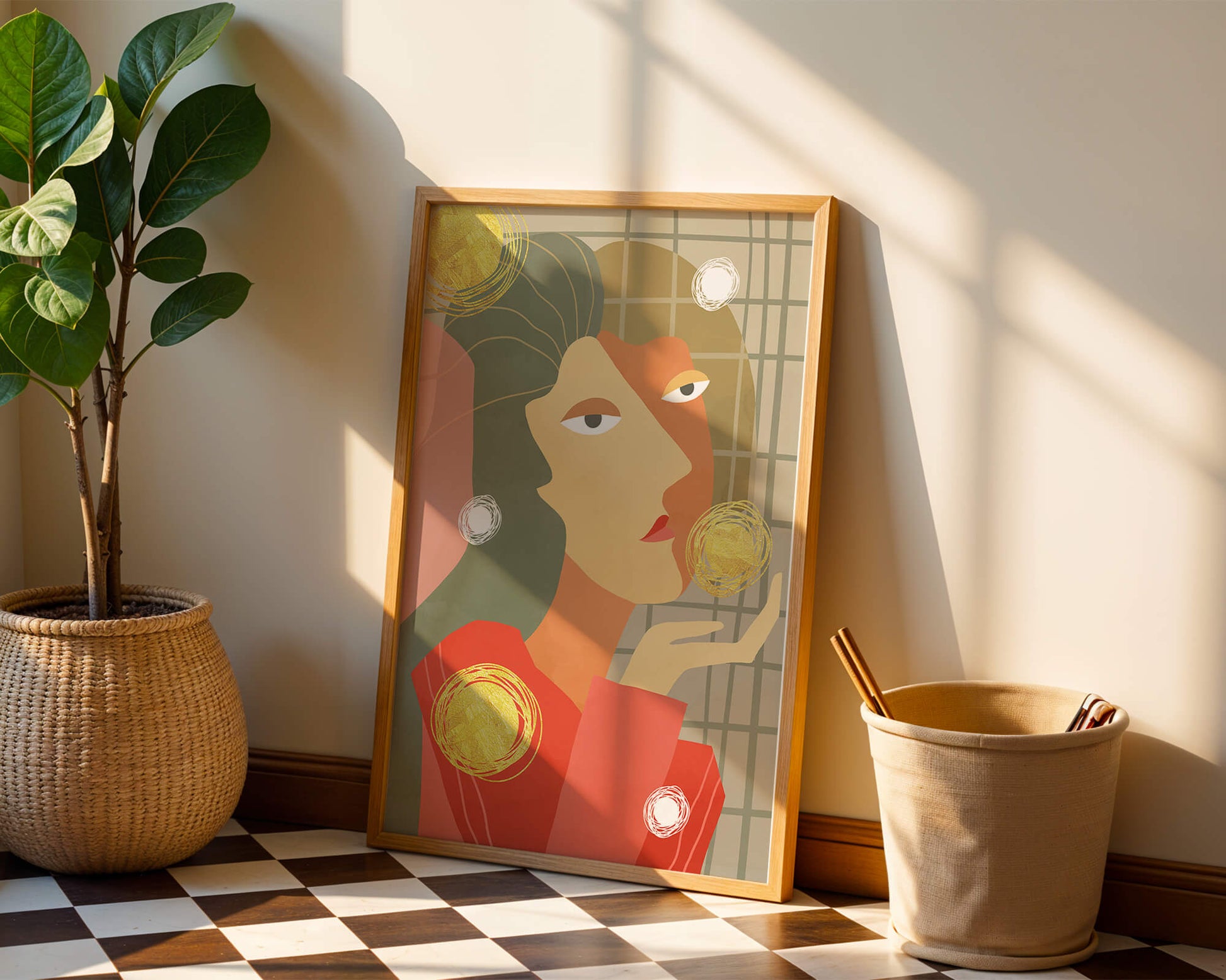 Abstract portrait artwork with geometric forms and gold accents
