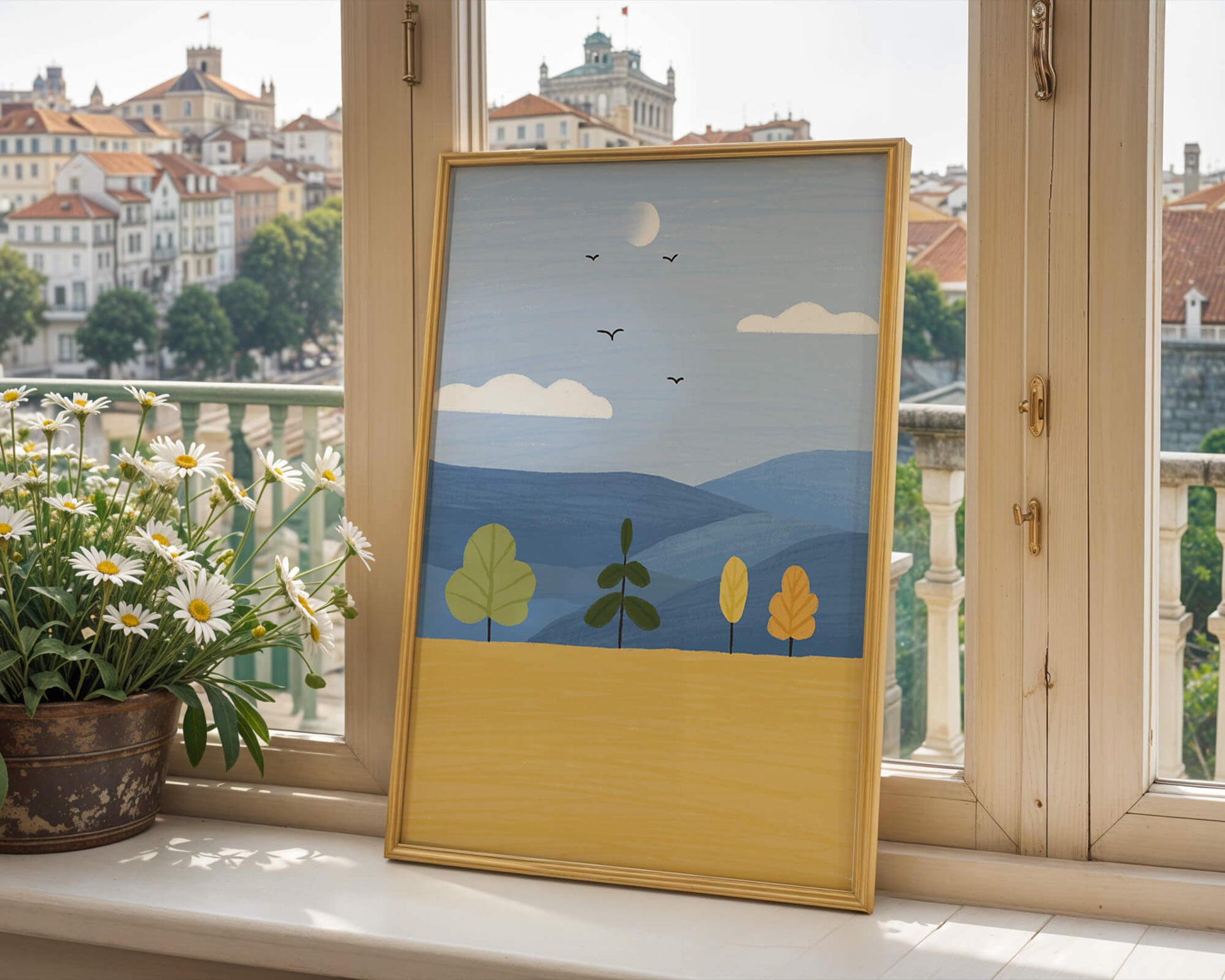 Paisaje colorido con árboles y aves en un campo sereno