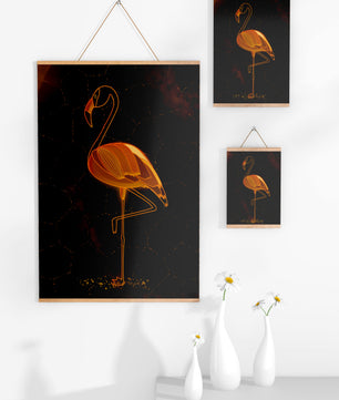 Elegant golden flamingo on abstract dark background