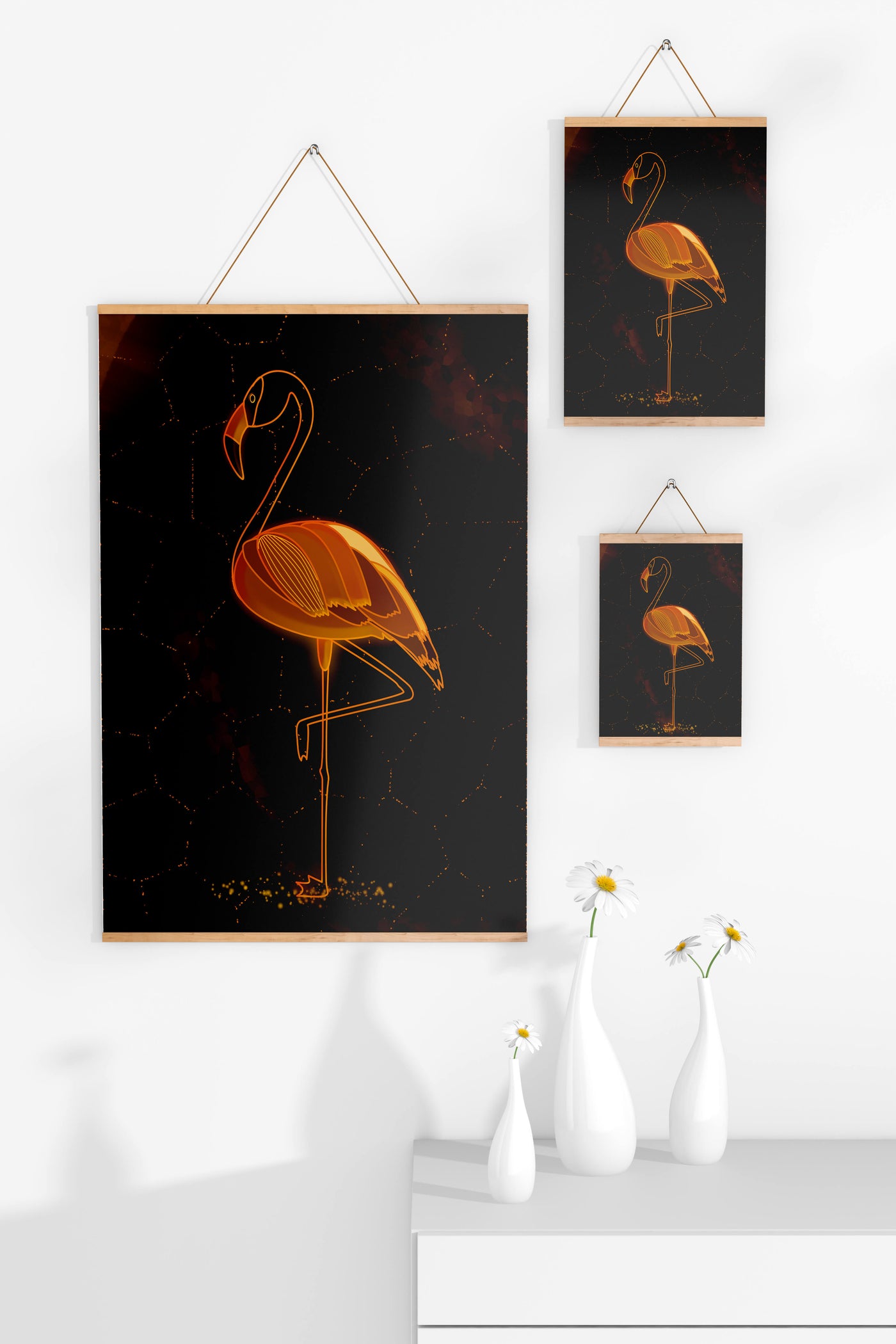 Elegant golden flamingo on abstract dark background