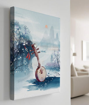 Paisaje tradicional chino con instrumento musical y flores