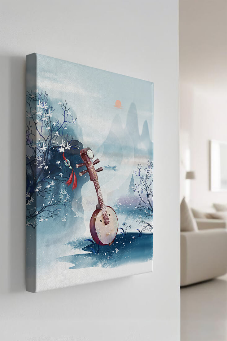 Paisaje tradicional chino con instrumento musical y flores