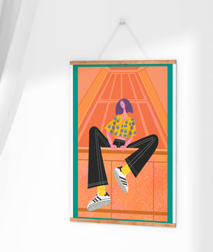 Stylish woman sitting in a vibrant geometric setting