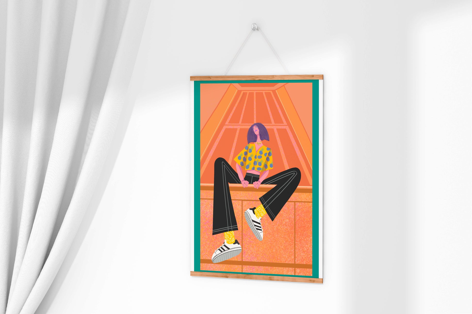 Stylish woman sitting in a vibrant geometric setting