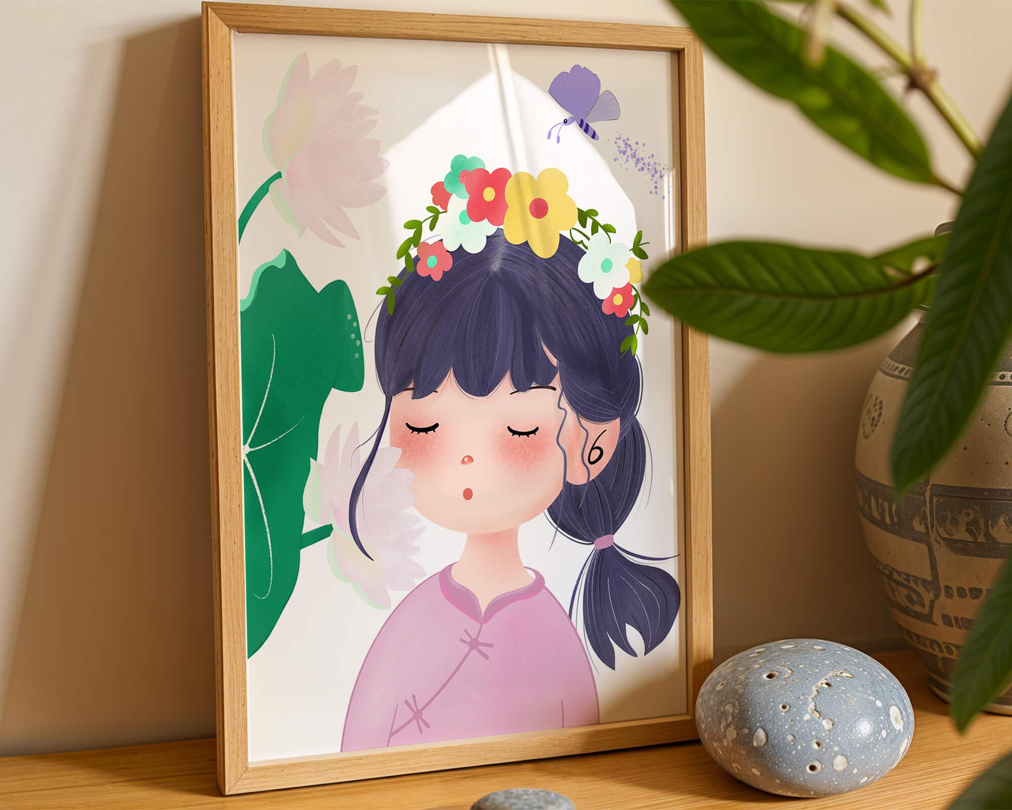 Whimsical illustration of a girl with a flower crown and butterfly