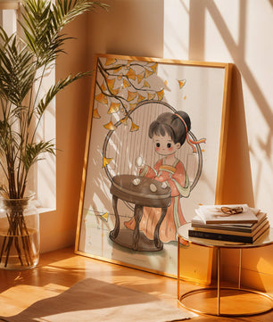 Charmante illustration d'une fille en tenue traditionnelle avec des feuilles de ginkgo