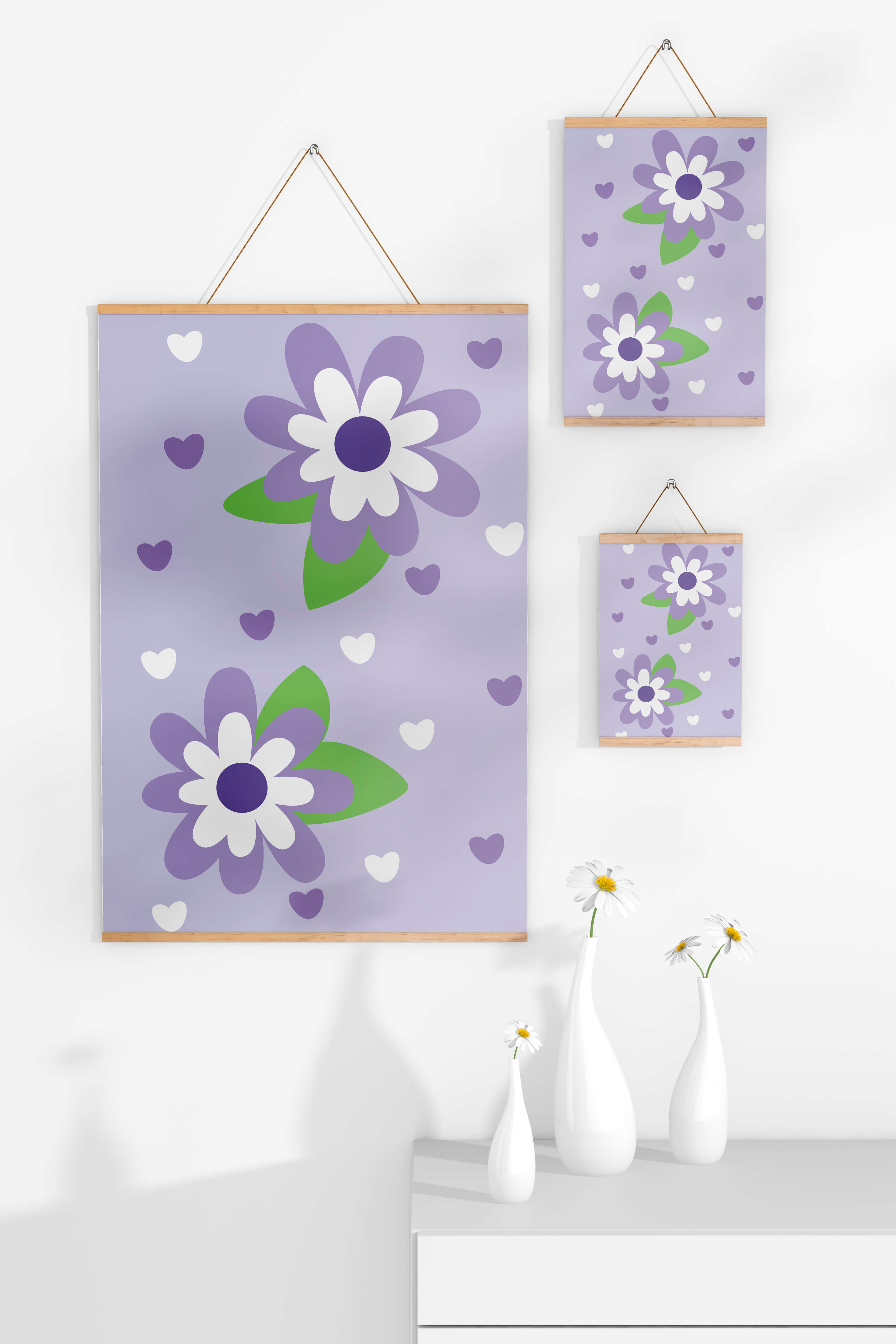 Elegant purple floral pattern with green leaves and heart accents