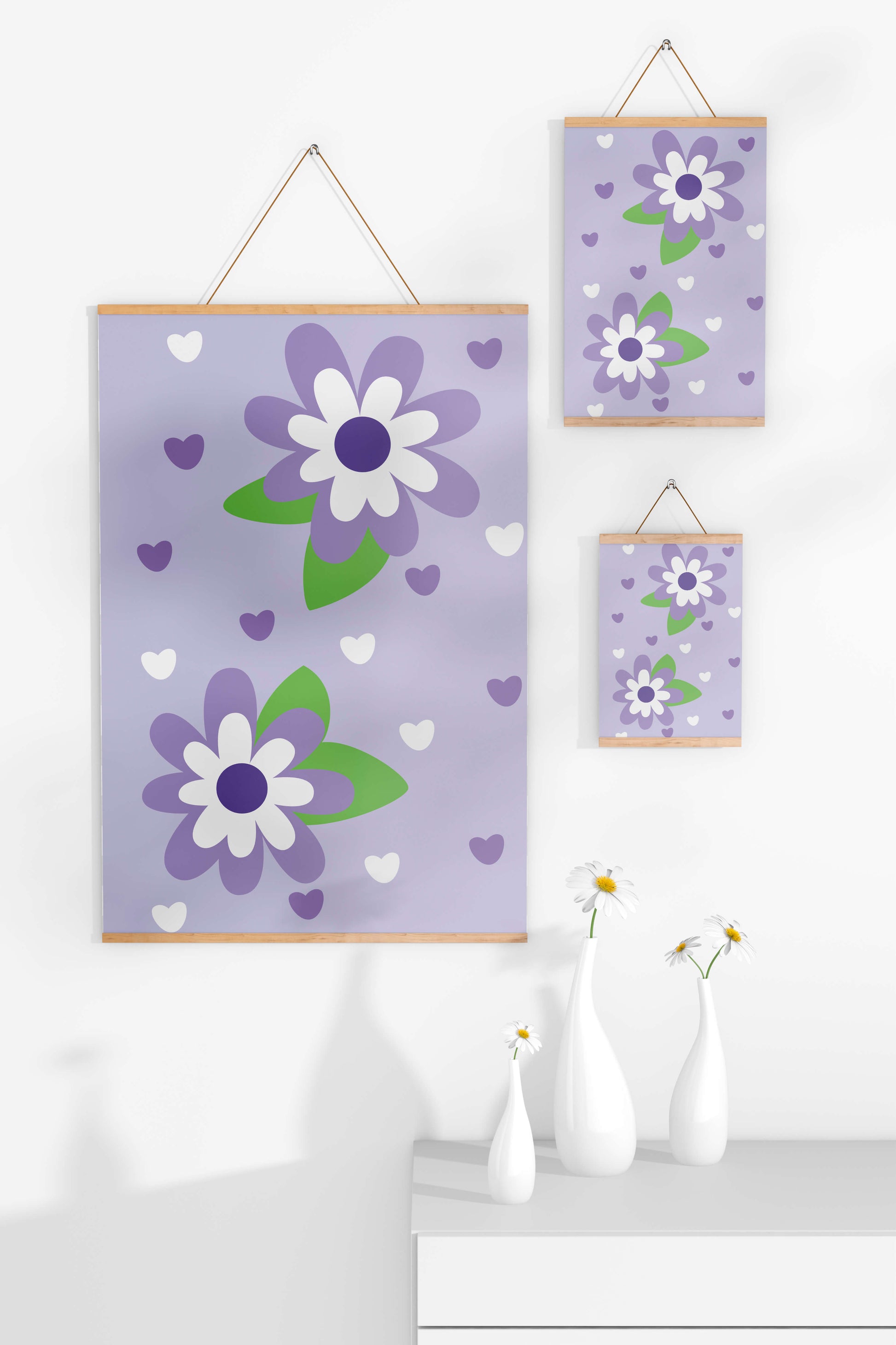 Elegant purple floral pattern with green leaves and heart accents