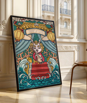 Illustration of a whimsical animal playing a stringed instrument in a fantastical setting