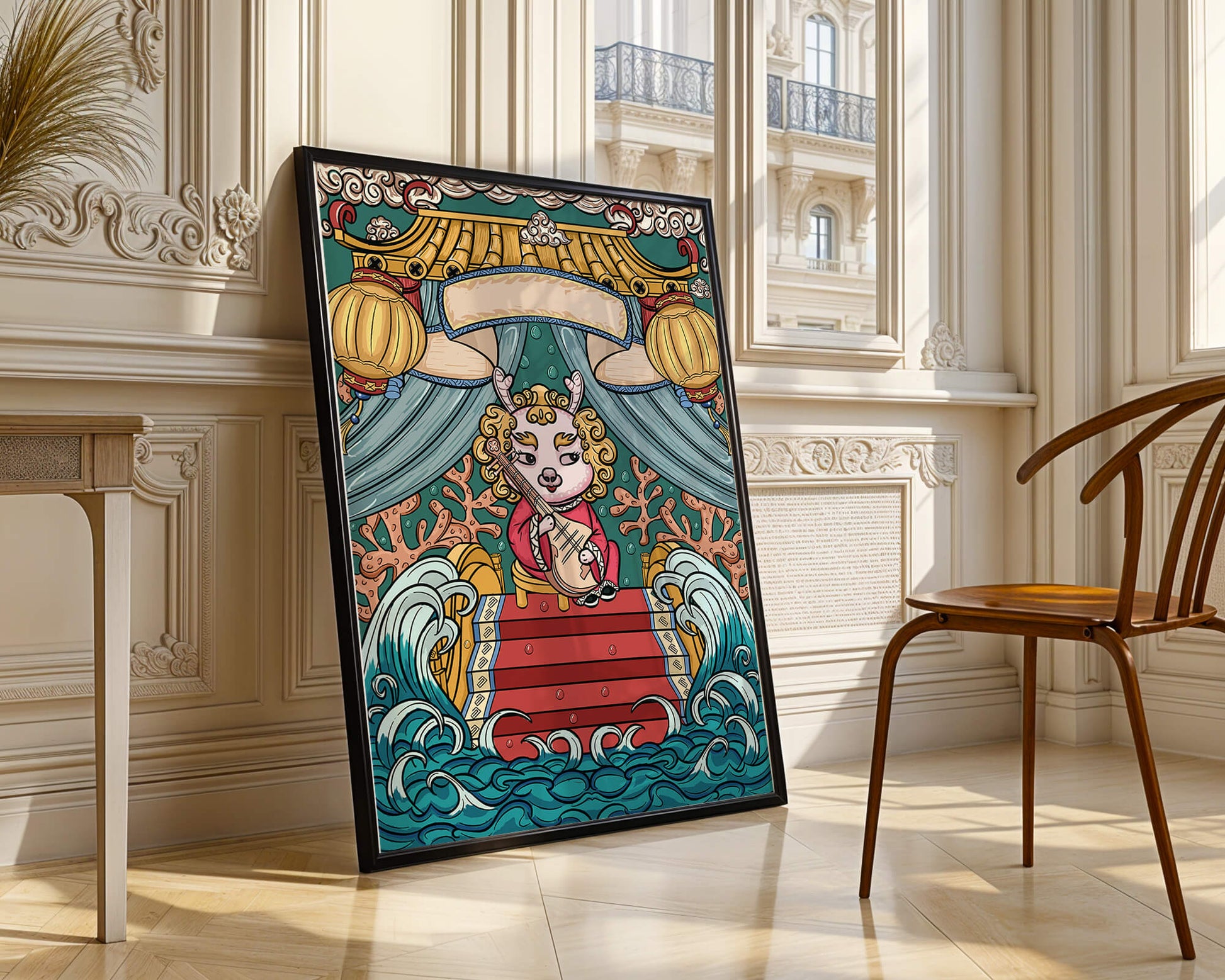 Illustration of a whimsical animal playing a stringed instrument in a fantastical setting