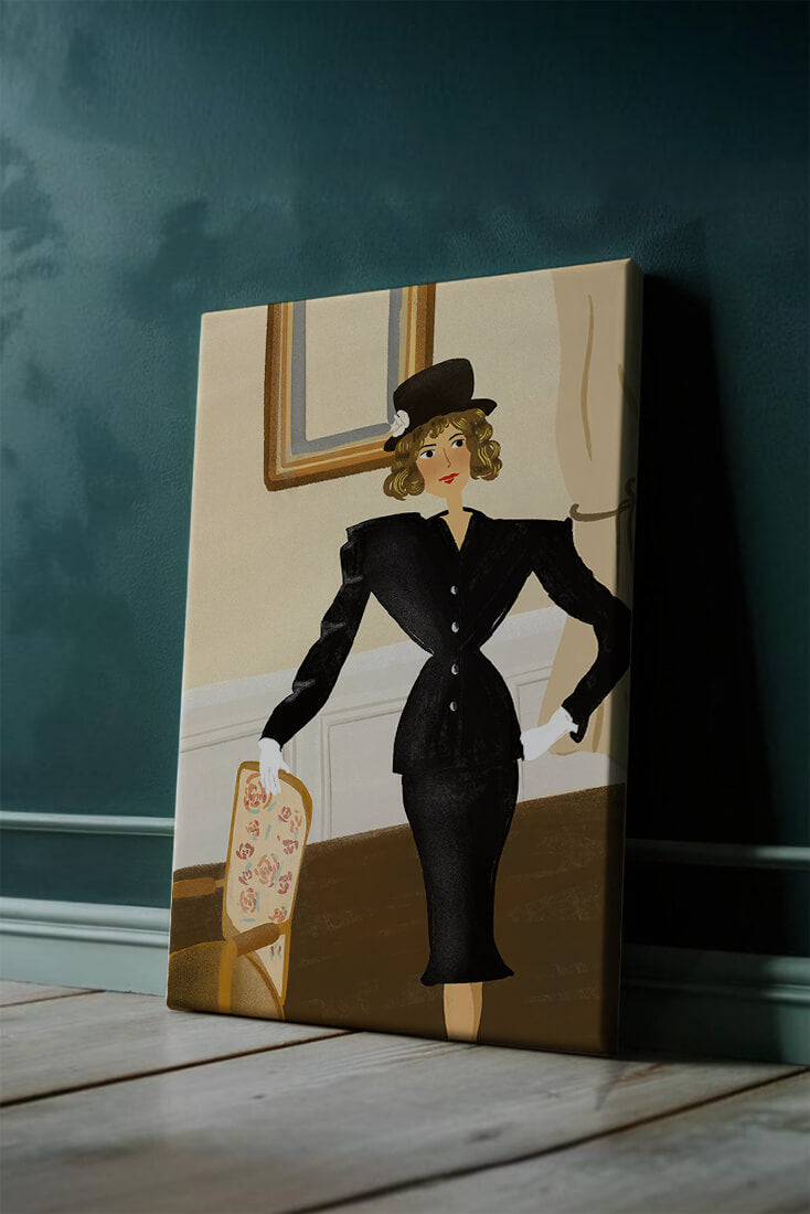 Mujer elegante en moda vintage con traje negro y sombrero