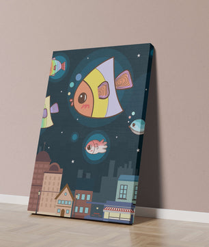Poisson de dessin animé flottant au-dessus d'une ville nocturne avec des étoiles