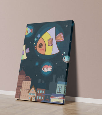 Cartoon Fish Floating Over Night City Scene with Stars