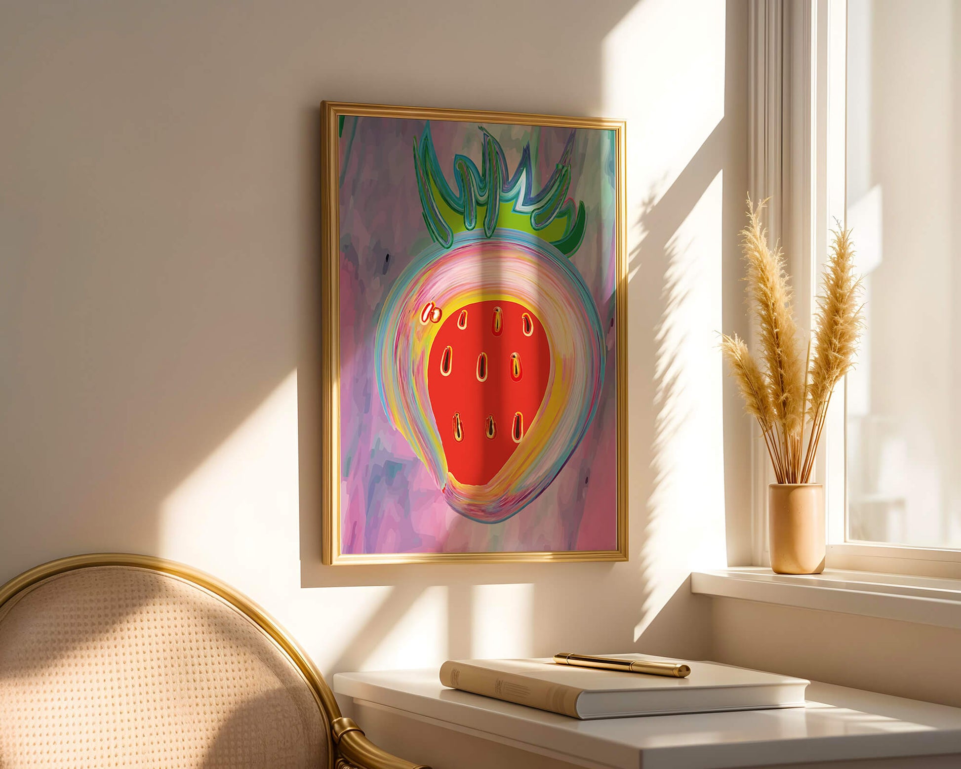 Colorful abstract strawberry with vibrant brush strokes