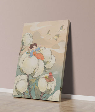 Illustration d'une fille sur des fleurs géantes avec des oiseaux volants et de la nourriture
