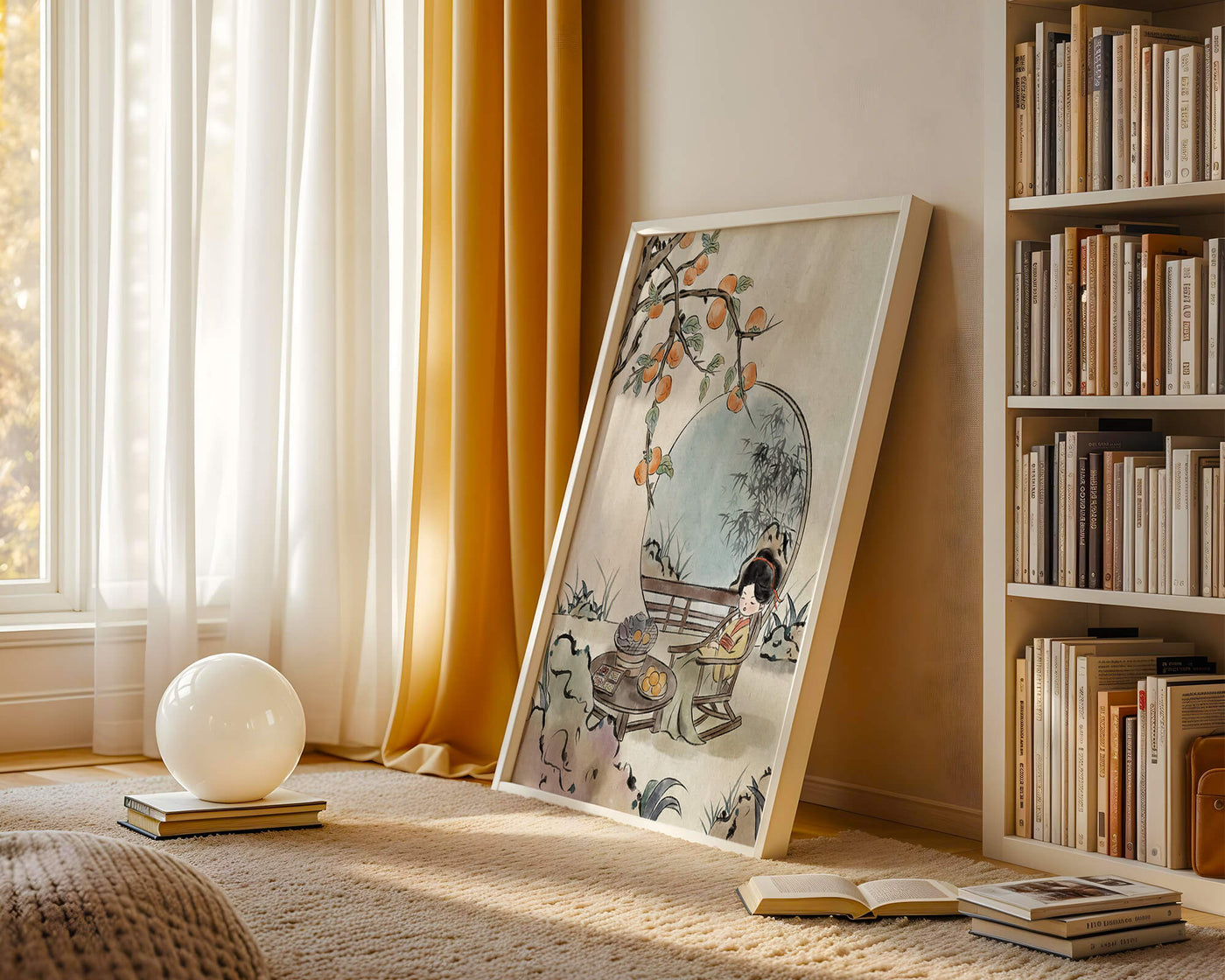 Tranquil garden scene with persimmons and serene figure