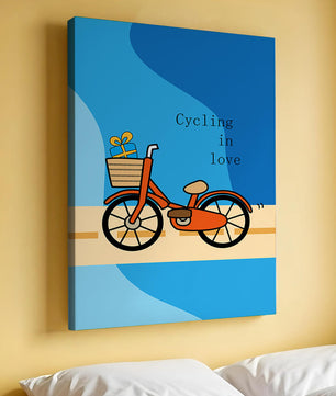 Bicicleta colorida con un regalo en la cesta sobre fondo azul