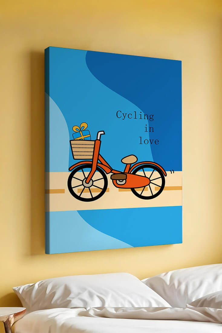 Colorful bicycle with a gift in basket against blue background
