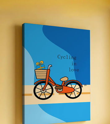 Colorful bicycle with a gift in basket against blue background