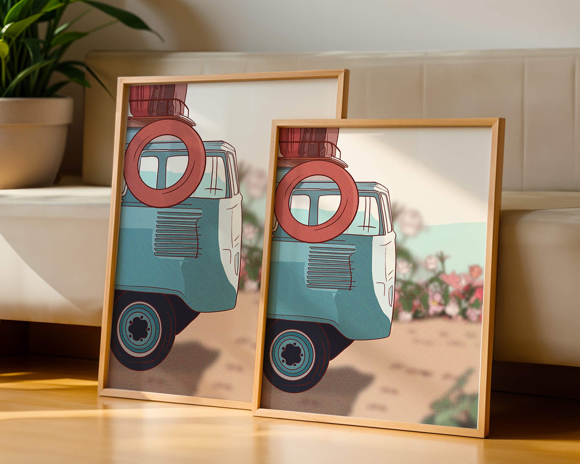 Viaje por carretera de verano en una furgoneta azul vintage