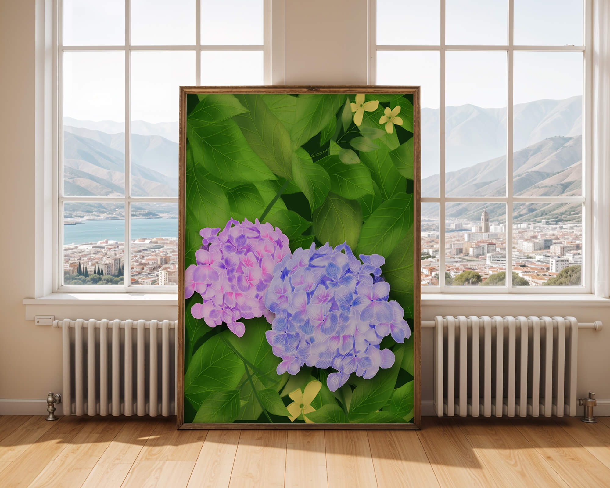 Delicate hydrangeas with lush green leaves in a vibrant botanical scene