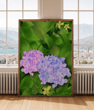 Delicate hydrangeas with lush green leaves in a vibrant botanical scene