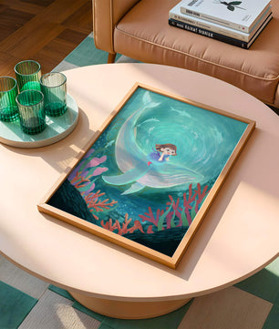 Underwater scene with child and whale surrounded by marine life
