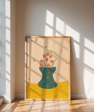 Floral Illustration with Polka Dot Vase on Colorful Background - Mi tienda