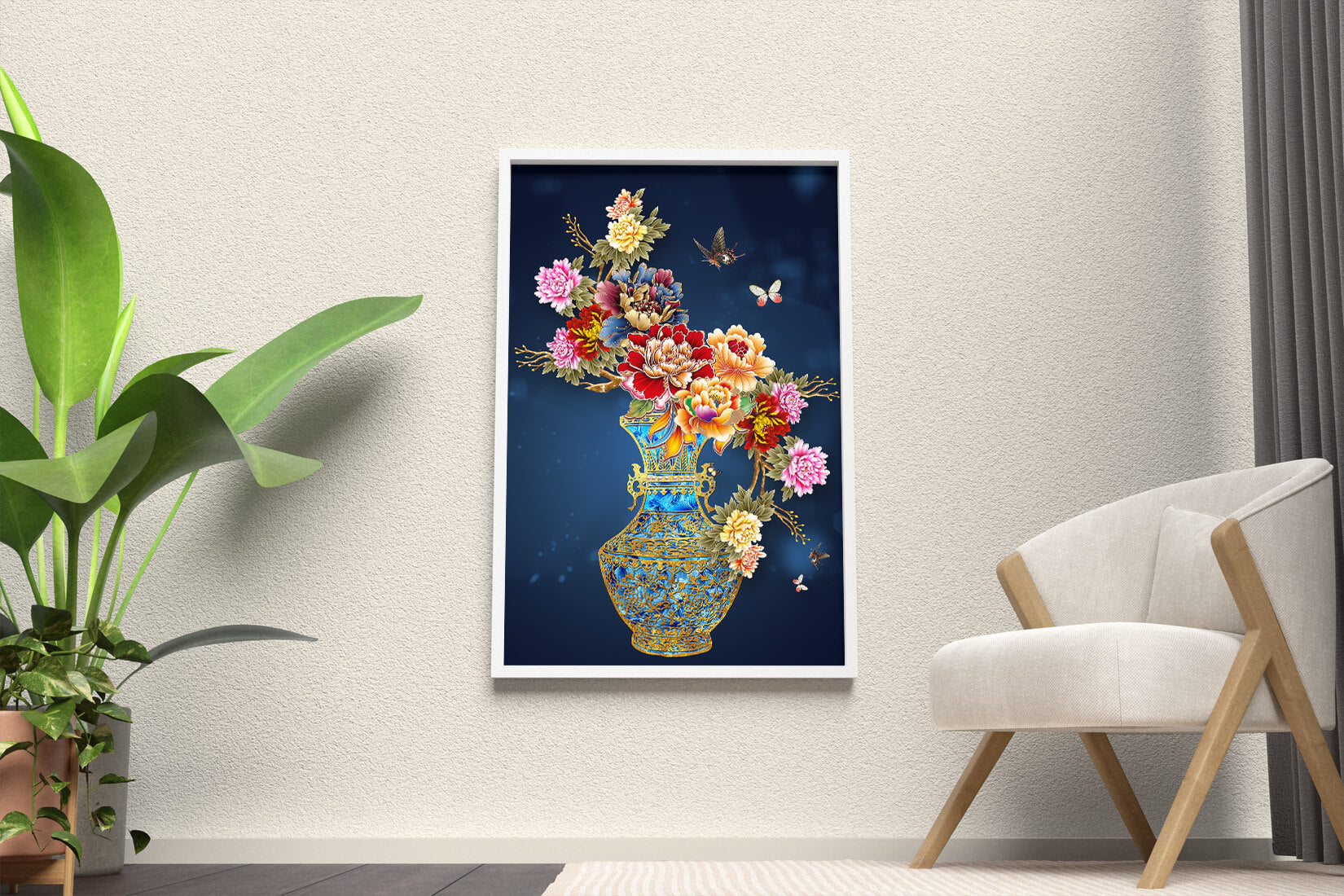 Elegant floral arrangement in ornate gold-accented vase with butterflies