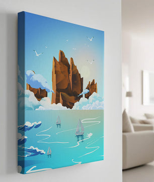Majestic Sea Cliffs and Sailboats in Serene Landscape