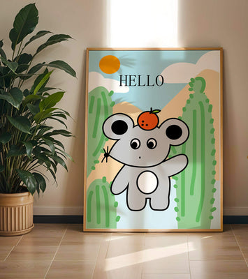 Cute illustration of a mouse with an orange on a sunny background