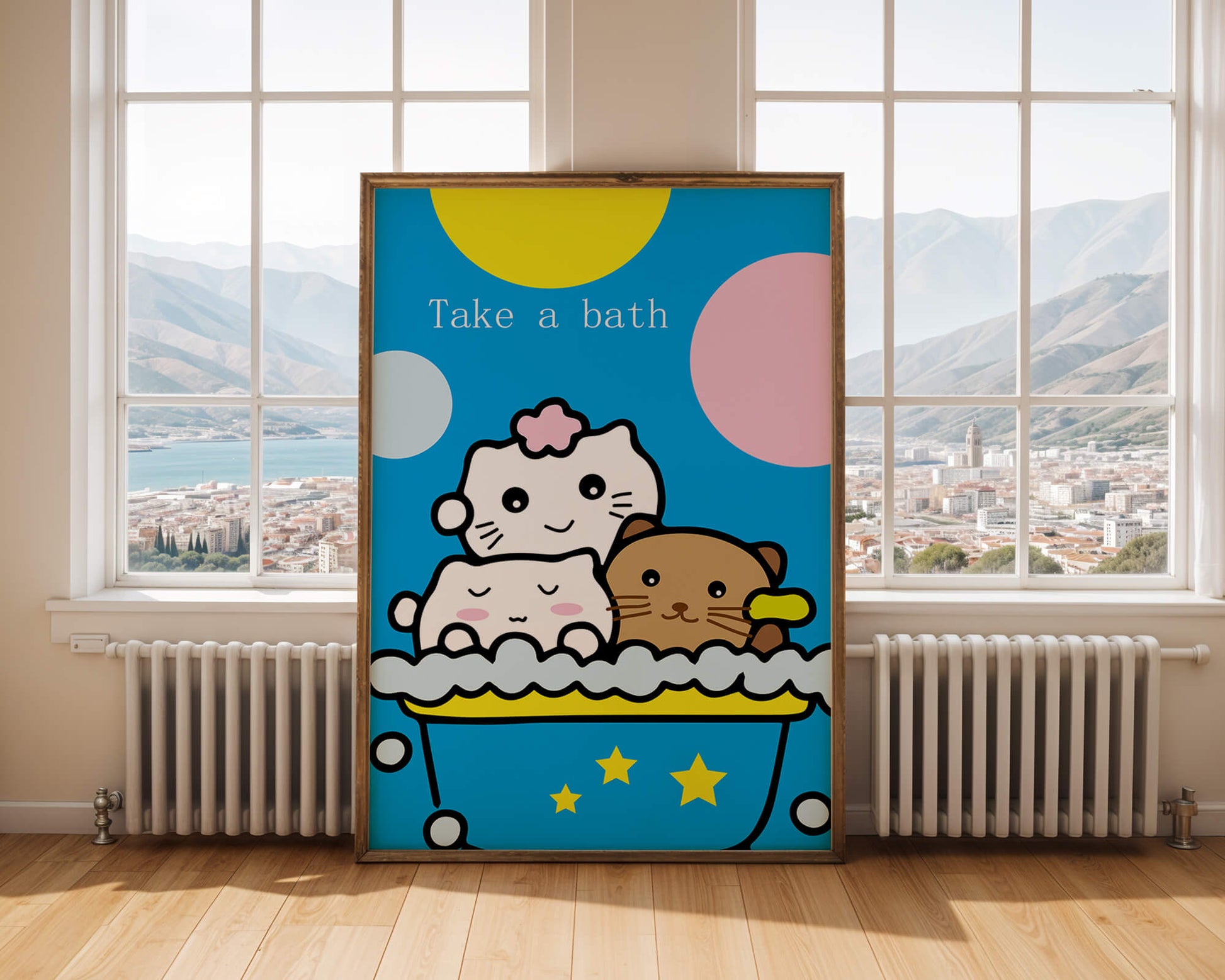 Adorable cartoon characters in a bubble bath with vibrant background