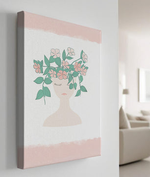 Illustration of a Minimalist Face with Floral Headpiece and Pink Background