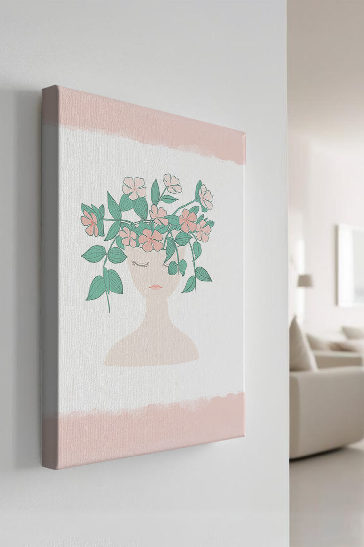 Illustration of a Minimalist Face with Floral Headpiece and Pink Background