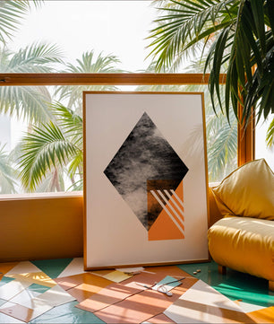 Abstract Geometric Composition with Orange Triangle and Cloudy Pattern - Mi tienda