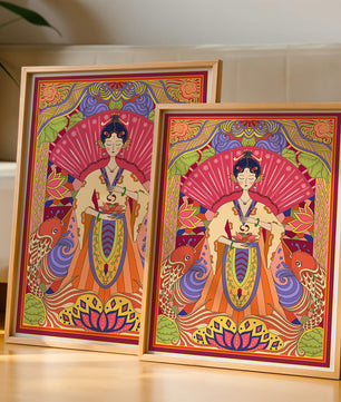 Ilustración oriental colorida con motivos de peces koi y loto