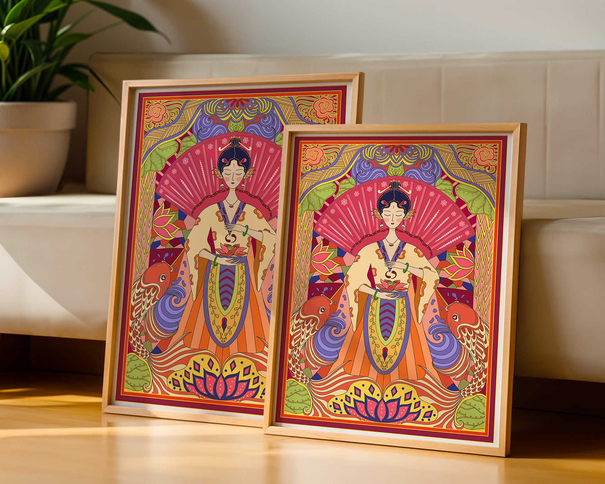 Ilustración oriental colorida con motivos de peces koi y loto