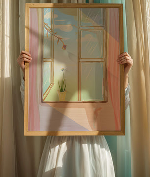 Tranquil open window with floral view and gentle sunlight