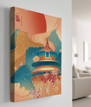Illustration of Chinese architecture with the Great Wall and nature elements