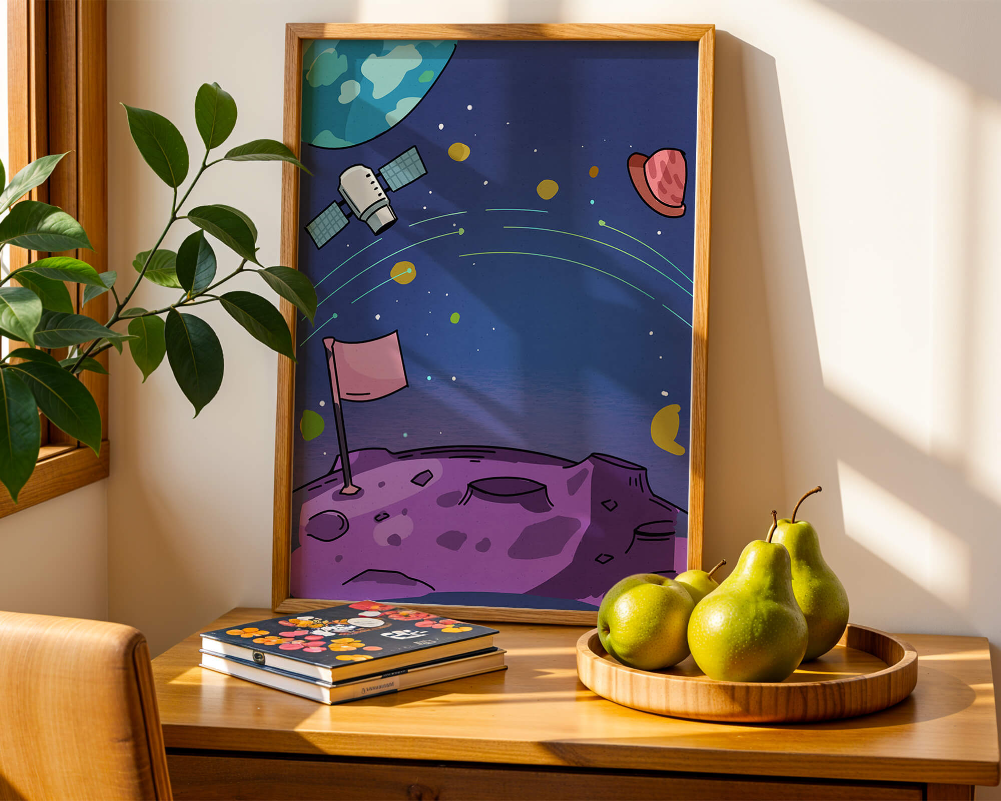 Illustration of outer space scene with planets and satellite