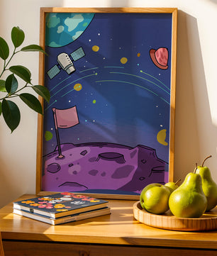 Illustration of outer space scene with planets and satellite