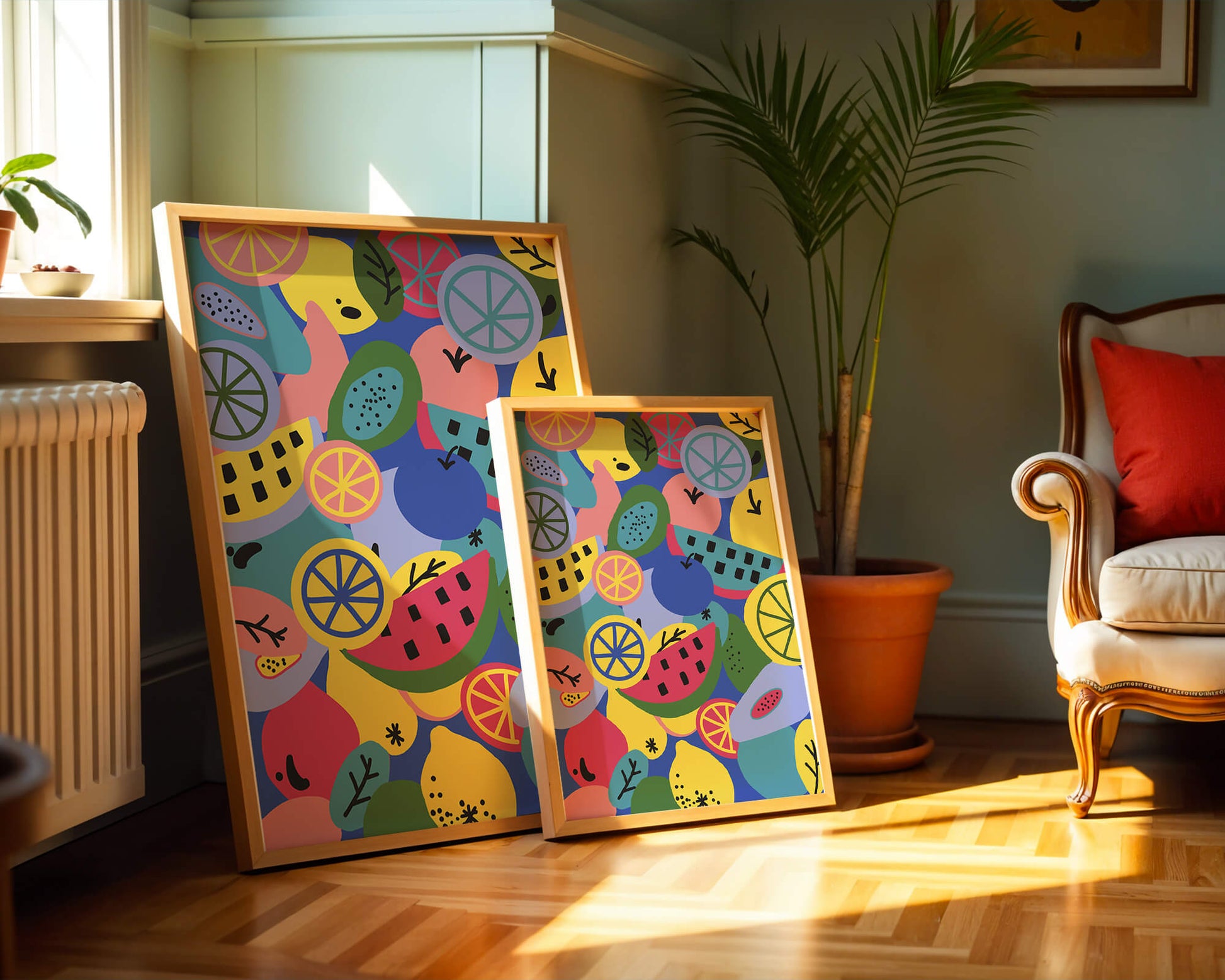 Patrón abstracto de frutas vibrantes con cítricos y melones sobre fondo azul