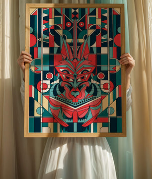 Arte abstracto geométrico de lobo con influencias tribales